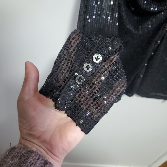 FREE PEOPLE Sequin Shirtee Button Up Blouse Top Ruched Sheer Black Women's Large - Picture 6 of 12